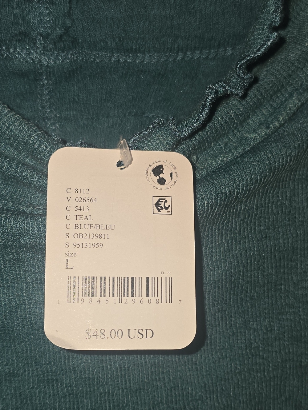 NWT-We The Free Teal Solid Rib Knit Ruffle Mock Neck Long Sleeve Layering Top L - Picture 2 of 10